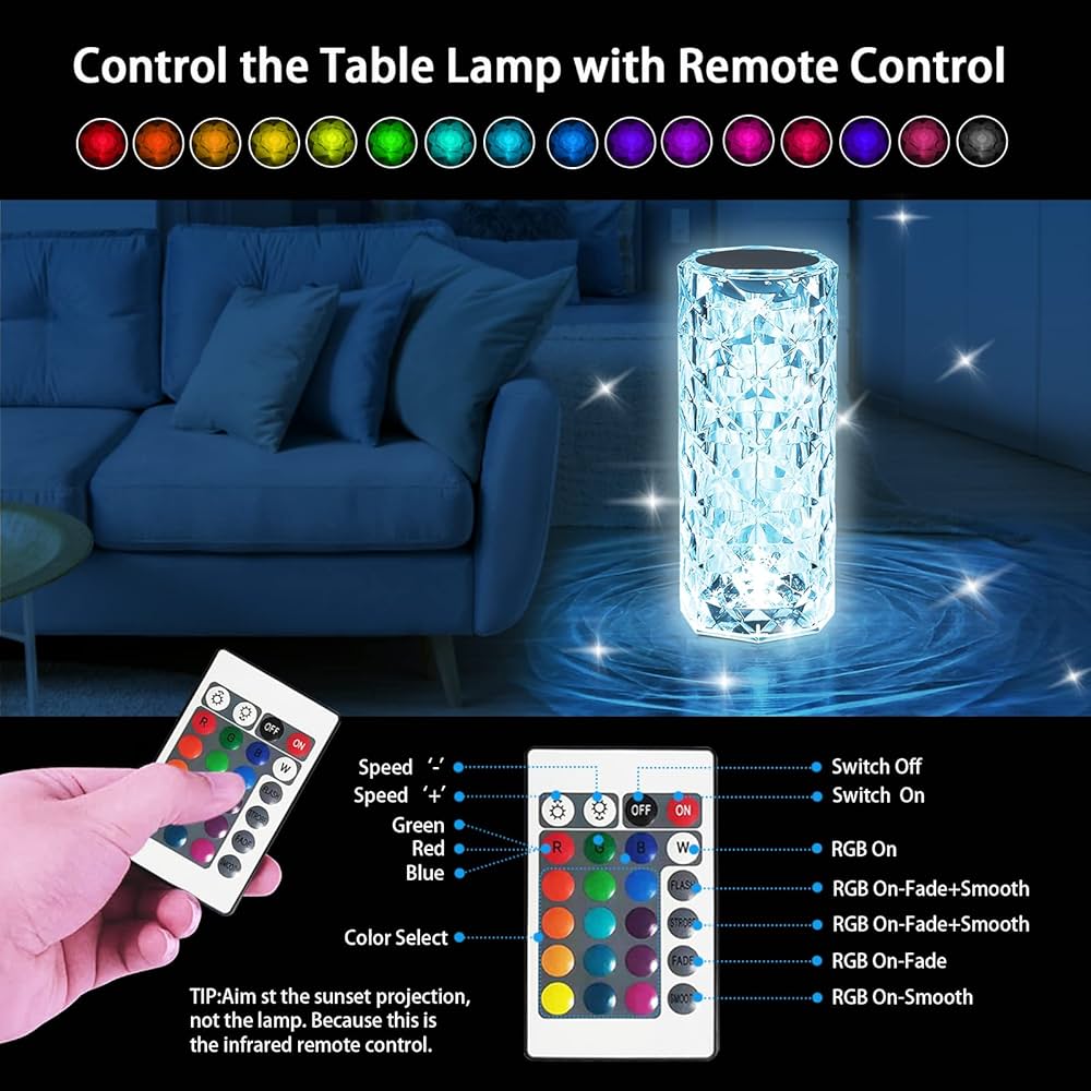 Touch Lamp 16 Color Changing Crystal Diamond Table Lamp, USB Rechargeable with Touch and Remote Control, for Bedroom Living Room