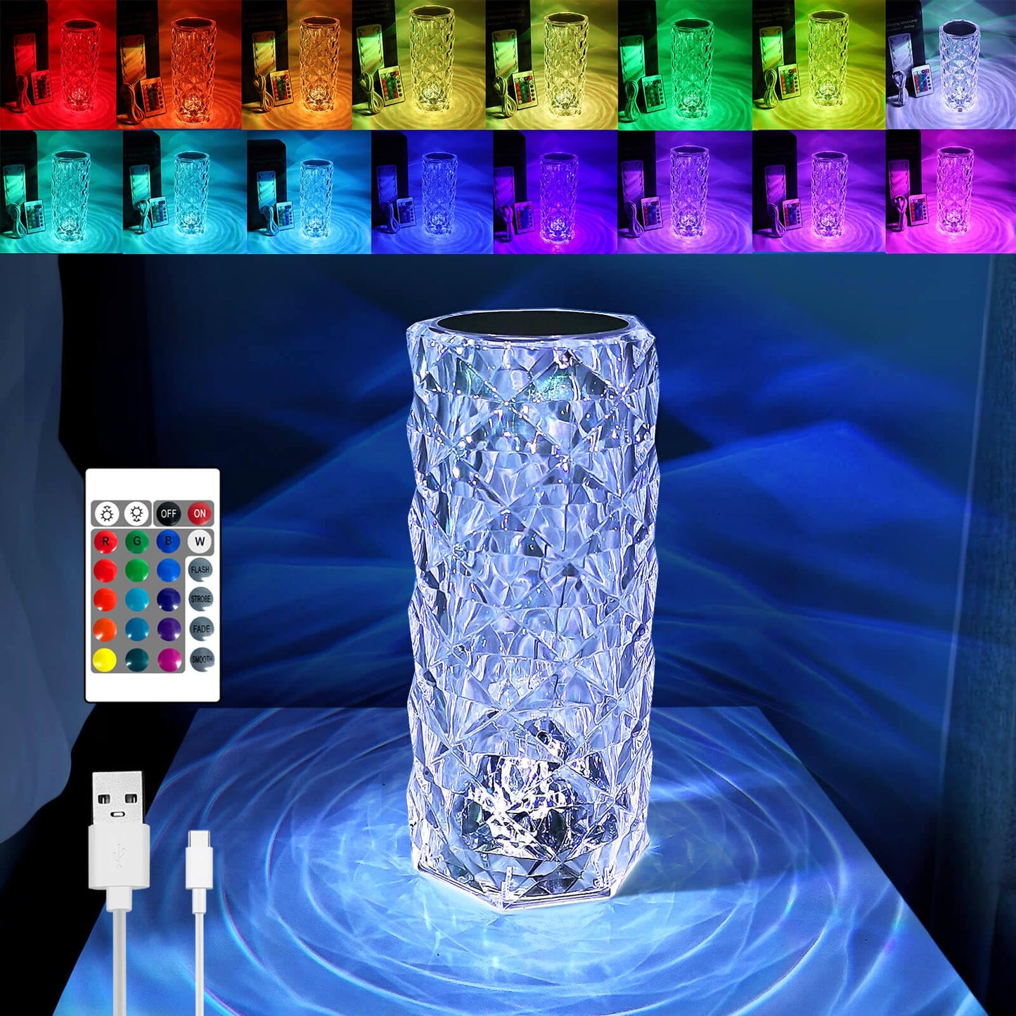 Touch Lamp 16 Color Changing Crystal Diamond Table Lamp, USB Rechargeable with Touch and Remote Control, for Bedroom Living Room