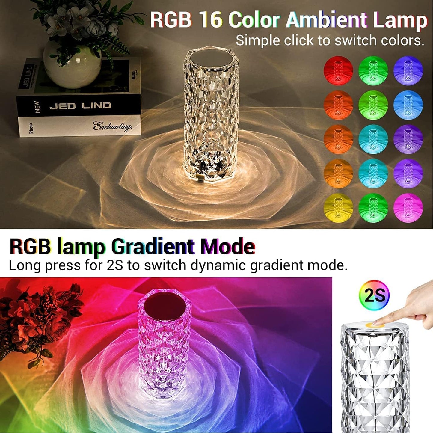 Touch Lamp 16 Color Changing Crystal Diamond Table Lamp, USB Rechargeable with Touch and Remote Control, for Bedroom Living Room