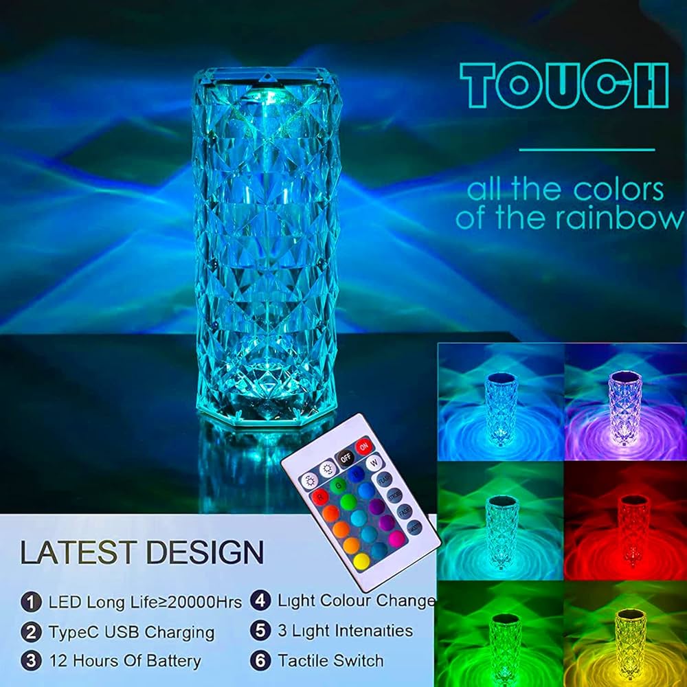 Touch Lamp 16 Color Changing Crystal Diamond Table Lamp, USB Rechargeable with Touch and Remote Control, for Bedroom Living Room